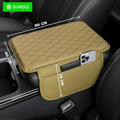 Image of SIAGO Car Armrest Cover Cushion with Storage Bags | Soft Center Console Protector Pad | Non-Slip, Waterproof & Durable | Universal Fit for Cars, SUVs & Trucks (Beige) SIA144