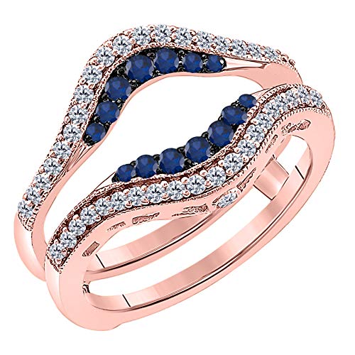 14k Gold Plated in 925 Sterling Silver Double Row Pave Set Women Wedding Band Enhancer Guard Wrap Ring 0.50 ctw CZ Blue Sapphire & Cubic Zirconia