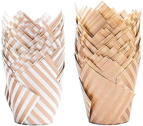 Baking Cups, 100 pieces Tulip Cupcake Liners Baking Cup Holders and Muffin Baking Cups for Wedding, Birthday, Baby Shower Parties (White Stripes+ Nature Color Stripes)