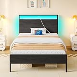 Rolanstar Bed Frame Twin Size with Charging Station, LED Twin Bed Frame with Wood Headboard, Platform Bed with Metal Slats & Under Bed Storage, No Box Spring Needed, Noise Free, Black Oak