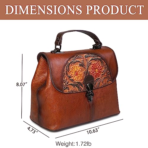 Image of Genuine Leather Satchel for Women Top Handle Bags Handmade Purse Vintage Embossed Leather Crossbody Handbags Hobo Bag