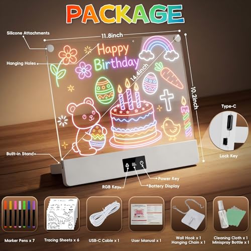 LED Drawing Board for Kid - Rechargeable 14" Doodle Glow Neon Art Note Boards, Holiday Birthday Gifts Toy for Kids Girls Boys Teens, Light Up Acrylic Dry Erase Message Note Writing Pad with 7 Markers - image 2