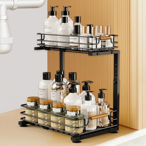 JYPS Kitchen Organiser, 2 Tier Metal Under Sink Storage Slide Out Shelf, Height Adjustable Sink Kitchen Storage