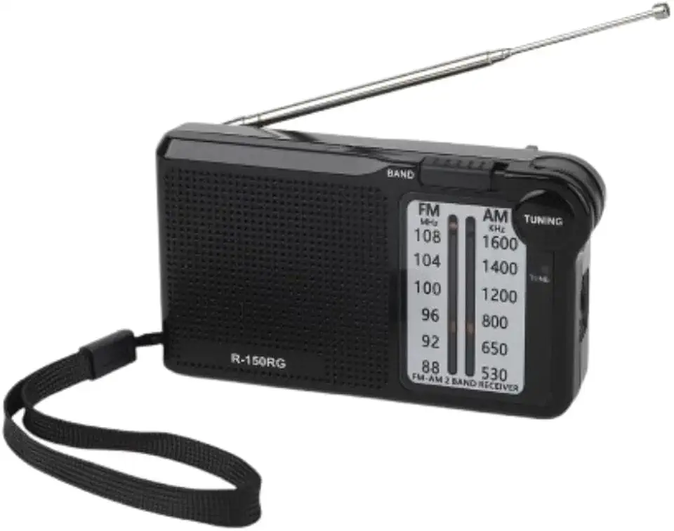 Rádio Portátil AM/FM, Rádio de Bolso, 2 Bandas, Alimentação por 2 Pilhas AA(Não inclusas) e Cabo USB tipo C, Antena e Entrada para Fone de Ouvido