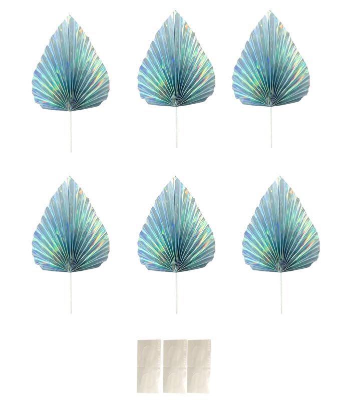 HSC Iridescent Cake Toppers 6 Pcs Paper Palm Fan Cake Decorations, 15cm Height Cake Insert Decoration for Cake Decorating DIY Craft Home Wedding Party Decoration, Iridescent Cake Decorations with Meta