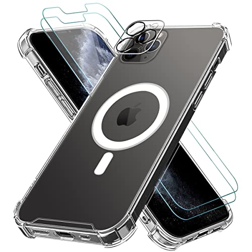 Vauki Funda Magnética Compatible con Apple iPhone 11 Pro - 2 Pack HD Cristal Protector de Pantalla y 1 Vidrio Templado Protector de Lente Cámara, Transparente Carcasa Suave TPU Silicona Cover, Blanco Cover