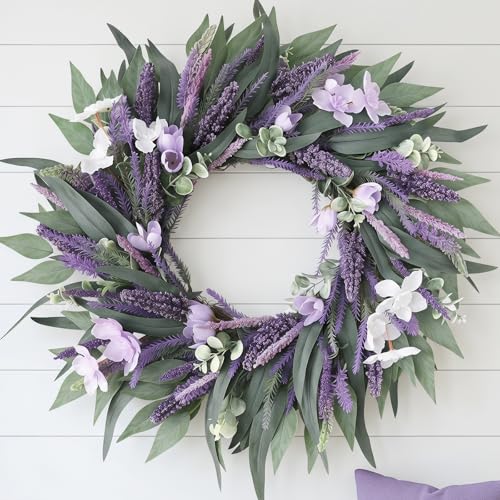 24 Inch Lavender Wreath for Front Door with Daffodils Artificial Outdoor Wreath for Spring Summer & Year-Round Purple Floral Front Door Wreath for Porch Entryway & Farmhouse Wall Decor