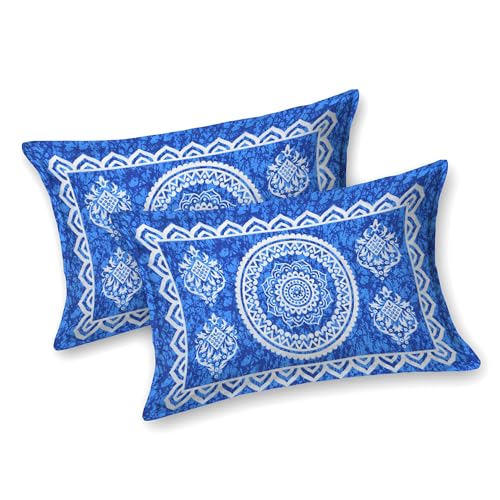 Image of RajasthaniKart Pure Cotton 144 TC Printed Double /Queen Bed Elastic Fitted Bedsheet with 2 Pillow Covers - All Around Elastic | 60 inchx78 inch, Fits Up to 8 inch Mattress | Jaipuri Print, 5296