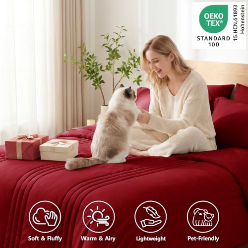Image of CozyLux Full Size Comforter Sets Dark Red - 7 Pieces Bed in a Bag, Modern Vertical Quilted Room Decor, Soft All-Season Bedding Gift with Comforter, Sheets, Pillowcases & Shams
