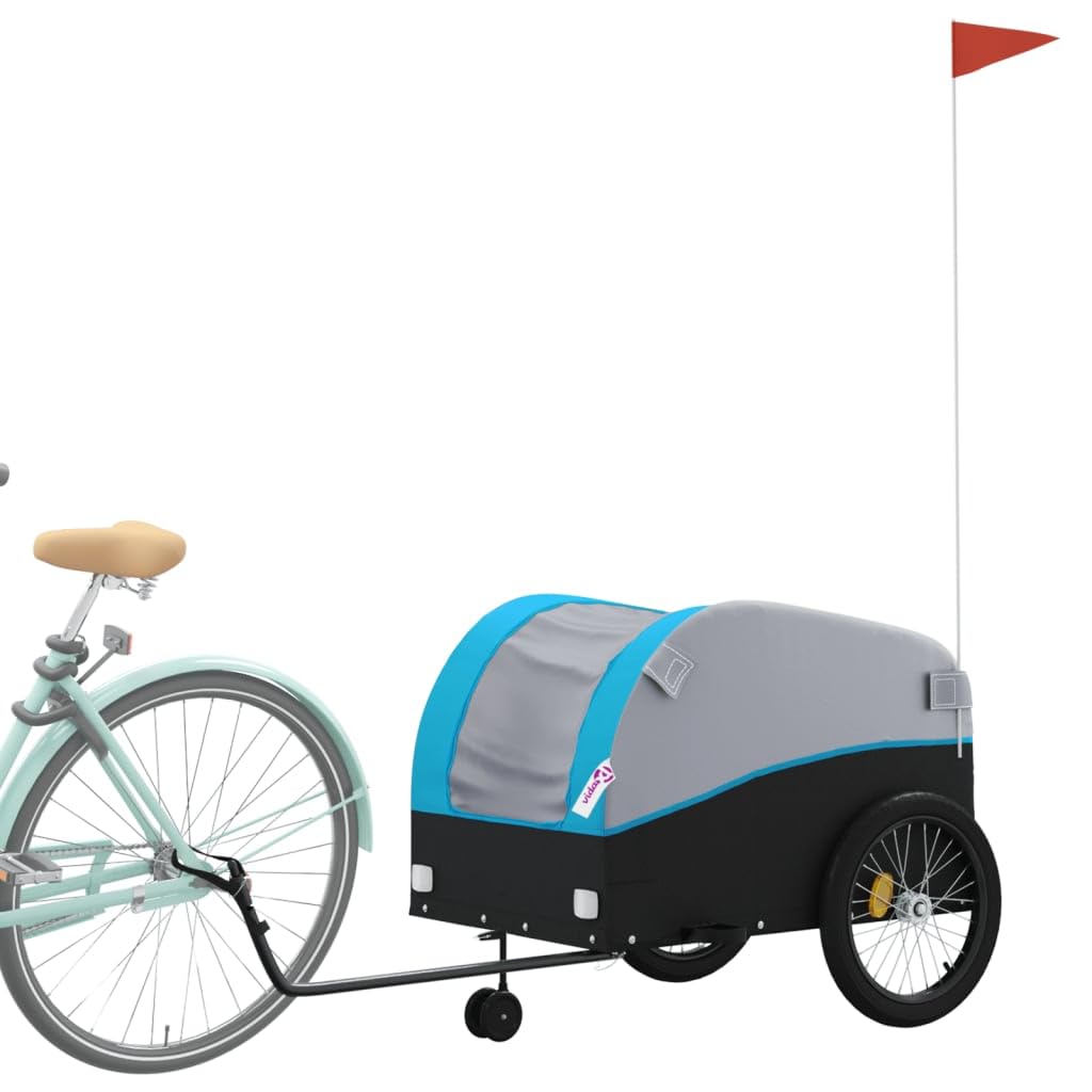 Remolque de bicicleta negro y azul de hierro de 45 kg con bandera de seguridad para cargas, equipaje, niños y perros, plegable, con embrague para ciudad, naturaleza, excursión, excursión y vida
