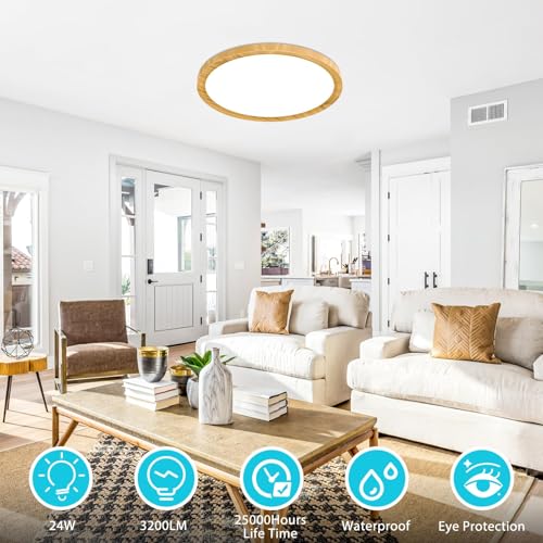 Image of libtit 2 Pack 12Inch Wooden LED Flush Mount Ceiling Light, 28W 3200lm Adjustable 3000K-6500K Color Temp | Round Lamp for Bathroom /Shower /Hallway /Kitchen
