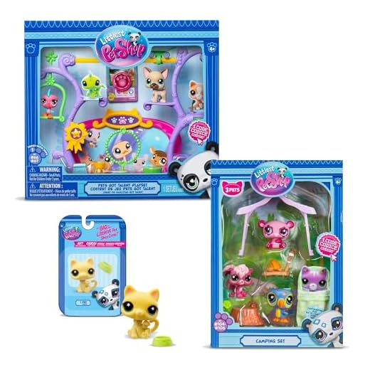 Bandai - Littlest Pet Shop - Pack Exclusif 2 Coffrets : Camping & Pets Got Talent (5 Figurines et 9 Accessoires) + 1 Figurine Supplémentaire (Petit Chat Jaune) - Licence Officielle - Mini Figurines