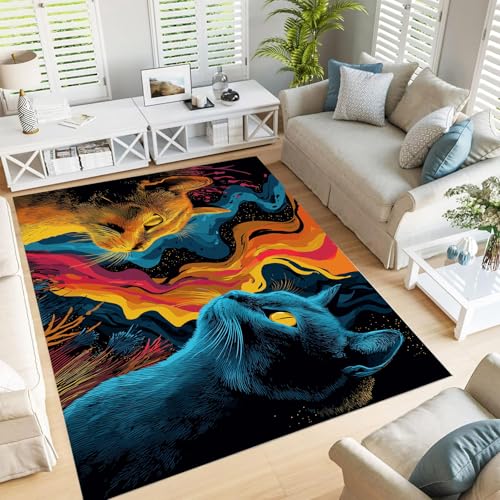 Tapis antidérapant grand format chat abstrait orange lavable 200x300