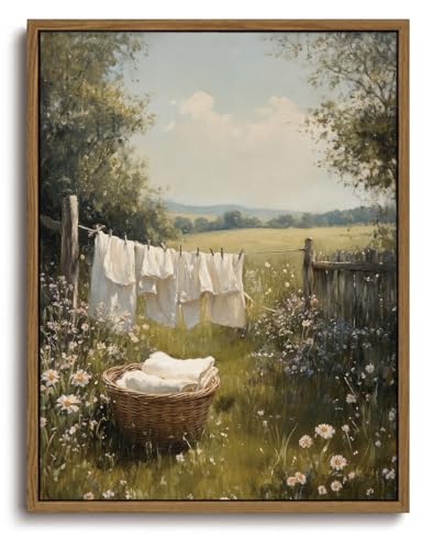 Image of KISSFOX Vintage Framed Wall Art For Laundry Room Decor Country Landscape Pictures Wall Decor Rustic Summer Wildflower Canvas Art Prints Modern Farmhouse Paintings Artwork