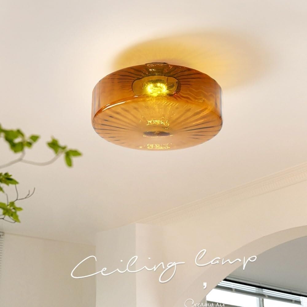 Chrome Mid Century Close to Ceiling Light Fixtures Minimalist Amber Glass Drum Flush Mount Ceiling Lamp Farmhouse Modern Round Chandelier for Living Room Bedroom Kitchen E27