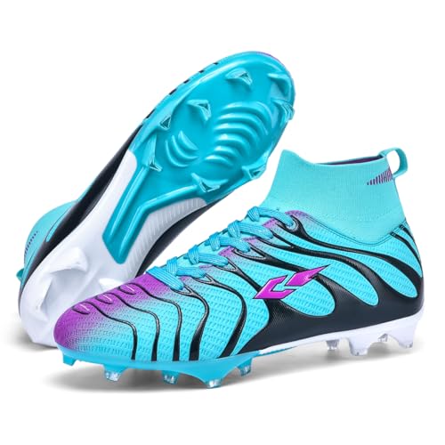 KIUSMETY Soccer Cleats for Mens Womens Lightweight Training Football Shoes Unisex Outdoor High Ankle Sneaker Blue Size 9.5