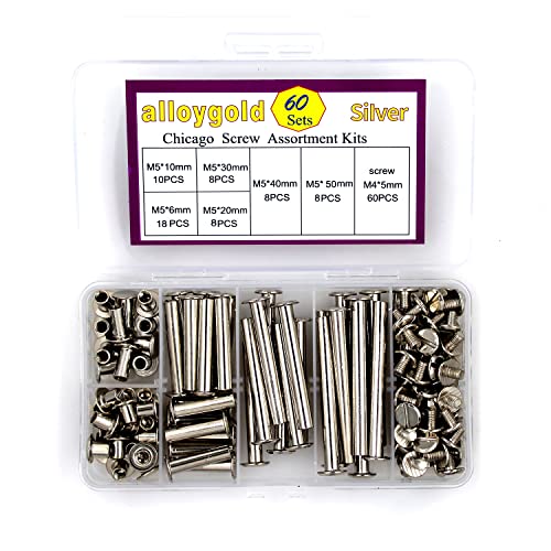 Alloygold 120 Pcs M5 X 6/10/20/30/40/50 Silver Phillips Chicago Screws Binding Screw Posts,Scrapbook Photo Albums Binding Screws Assorted Kit 6 Sizes For Leather Saddles Purses Belt Repair #TOP5