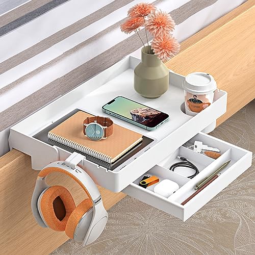 SPACEKEEPER Folding Bedside Regal mit Schublade Clip On Nachttisch Hanging Tray Organizer mit tiefen Cup Holder für Bett & Etagenbett College Dorm Essentials, weiß, Kunststoff