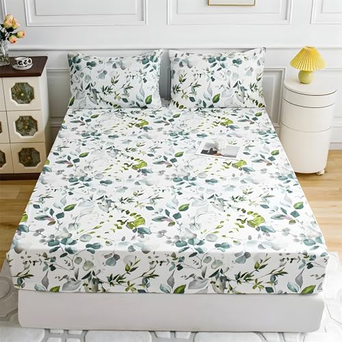 Sabana Bajera 180x200 Plantas Sabanas Bajeras Estampadas Hojas Sábana Bajera Ajustable Suaves, Elastico Funda Colchon con 2 Funda Almohada 50x80 cm, para Colchón de 30cm de Altura