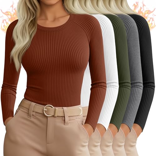 Sweetyweee 5 Pack Women's Thermal Long Sleeve Shirts Ribbed Knit Cotton Tops Crewneck Warm Base Layer Fitted Undershirts(Caramel, White, Army Green, Heather Gray, Black,Medium)