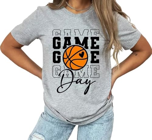 Game Day Basketball Tshirt Woman Sunday Funday Shirts Vintage Basketball Shirt Funny Basketball Graphic Tee Tops(Large,Gray)