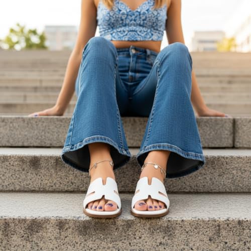 Image of CUSHIONAIRE Voyage Cutout Strap Slides for Women, Slip On Summer Flats, Trendy Footwear, Memory Foam Vegan Leather Comfortable Vacation Style Sandals