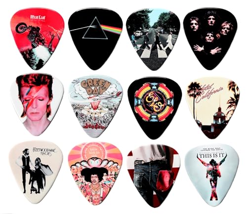 24 Famous Albums on 12 Double Sided Guitar Picks + Storage Bag for your Plectrums