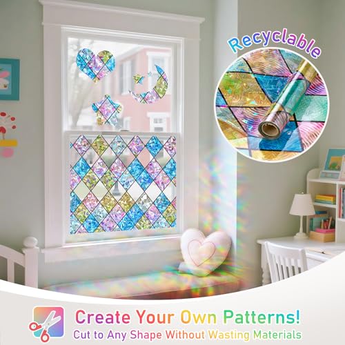 Image of Sunbaby Window Privacy Film Stained Glass Decorative Rainbow Window Cling 3D Static Clings Colorful for Home Decoration, Anti-UV & Heat Control Non-Adhesive (35.4 inchx78.7 inch)