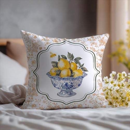 Image of Chinoiserie Lemon Summer Pillow Cover 18x18,Cottagecore Lemon Home Decor,Rustic Farmhouse Botanical Fruit Citrus Decorative Lumber Throw Pillow Cover for Home Bedroom Living Room