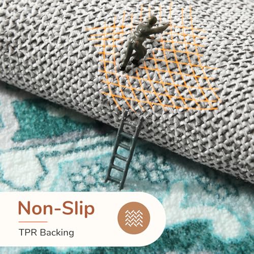 OPPODREAM Soft 10x14 Area Rugs, Washable Rugs 10x14 with Non Slip Backing, Low-Pile Faux Cashmere 10 x 14 Carpet, Teal & Turquoise & Cream