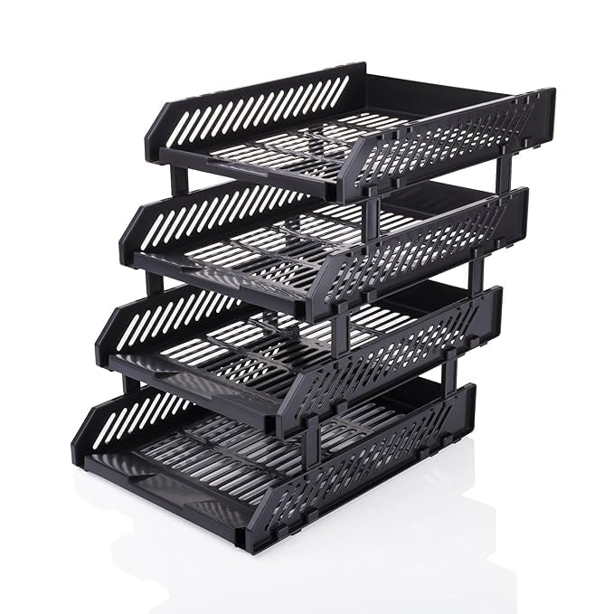 Image of File Tray Rack ABS Plastics | Foldable Office Desk Accessories | Durable & Sturdy | Easy Assembly | Efficient Organizer | Plastic Office Stationery Files Layer Rack -4 Layer (Black)