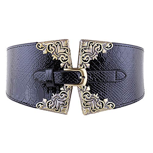 Andongnywell Wide Cinch Belts for Women Crocodile Leather Pin Buckle Retro Fashion Dress Belts Elastic Waist Belt