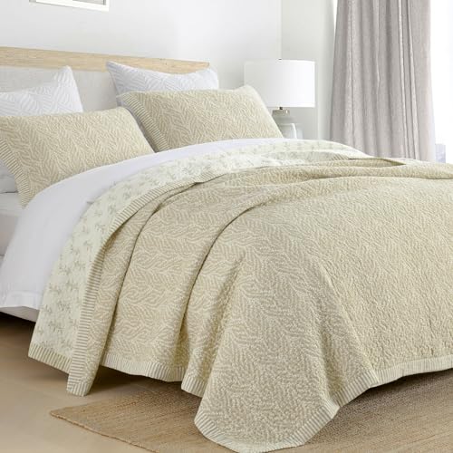 Finlonte Queen Size Quilt Set, 100% Cotton Lightweight Quilt Bedding Set, Botanical Pattern Solid Color Stitched Quilted Bedspread Reversible Comforter for Queen Bed, Oatmeal/White, 3 Pieces