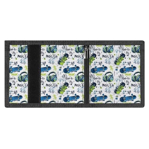 Music Skateboard Graffiti Print Wallet for Men, 8 Credit Card Holder Slim Minimalist Front Pocket Small Mens Bifold Wallets3