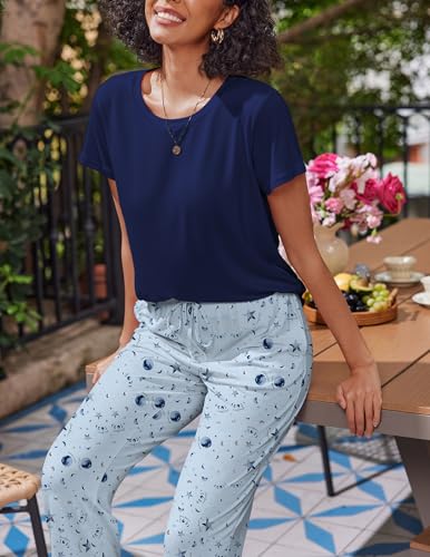 Image of Ekouaer 2 Pack Pajamas for Women Set Short Sleeve Pj Top and Printed Pants | Soft PJs Cozy Printed Lounge Sets Comfy Sleepwear with Pockets