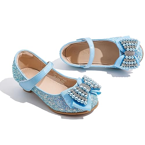 WUIWUIYU Girls Heels Glitter Bow Pearls Hook&Loop Round-Toe Latin Ballroom Dance Dress Wedding Princess Mary Jane Shoes4