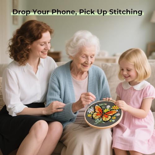 Image of HTVRONT Embroidery Kit for Beginners, Butterfly Embroidery Kits with Step-by-Step Video Tutorials, Simple 6 Stitches Beginner Embroidery Kit for Adult Crafts