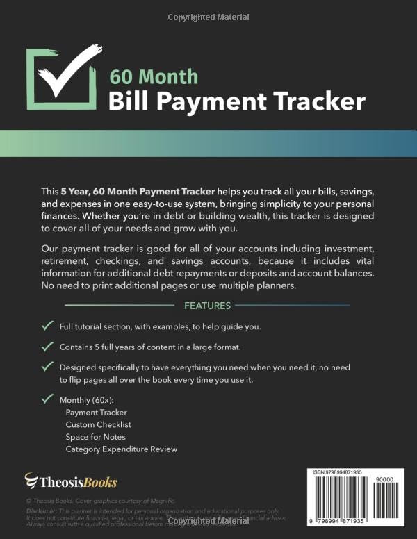 Book Back 60 Month Bill Payment Tracker: 5-Year Payment Checklist Budget Planner