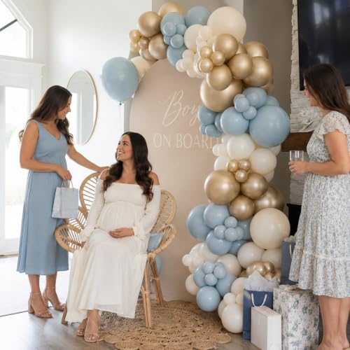 Image of HILAVO Dusty Blue and Gold Balloons, 60 PCS 12 Inch Slate Fog Pastel Baby Blue Sand White and Gold Balloons for Baby Boy Shower Bridal Shower Birthday Wedding Party Decorations