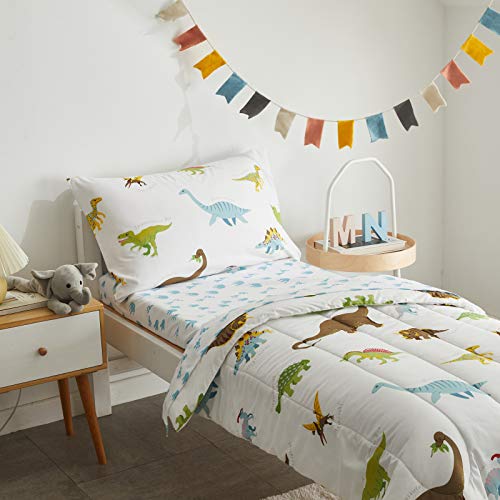 4 Pieces Toddler Bedding Set Dinosaur with Colorful Dinos and Monsters Toddler Comforter Sheet Set for Autumu and Winter Includes Comforter, Flat Sheet, Fitted Sheet and Pillowcase White by UOZZI BEDDING - Image 3