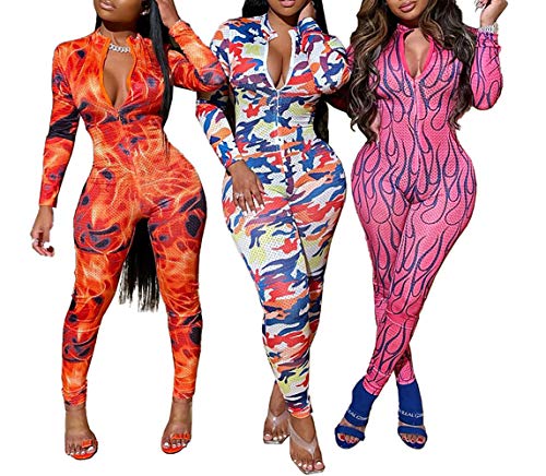 Women's Sexy Bodycon Jumpsuits Zip Up V Neck Long Sleeve Tie Dye One Piece Outfits Rompers Party Clubwear #TOP5