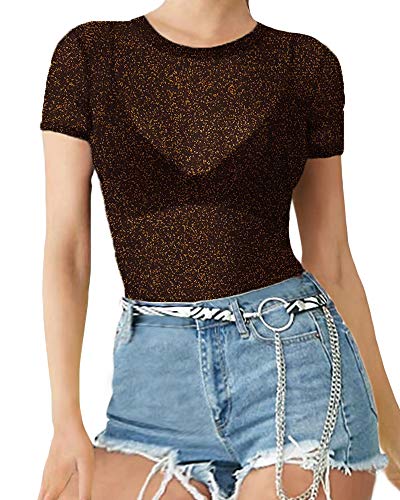 Image of MANGOPOP Women's Long Sleeve /Short Sleeve Glitter Sheer Mesh Tops T Shirt Blouse Clubwear (1113 (Brown), X-Large)