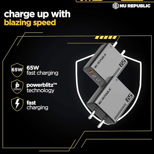 Image of Nu Republic Cybotron 65W GO GaN Superfast Wall Charger, 65W Output Compatible with MacBook & Type-C Laptop Charging, iPhone, Samsung, OnePlus, Nothing (Grey)