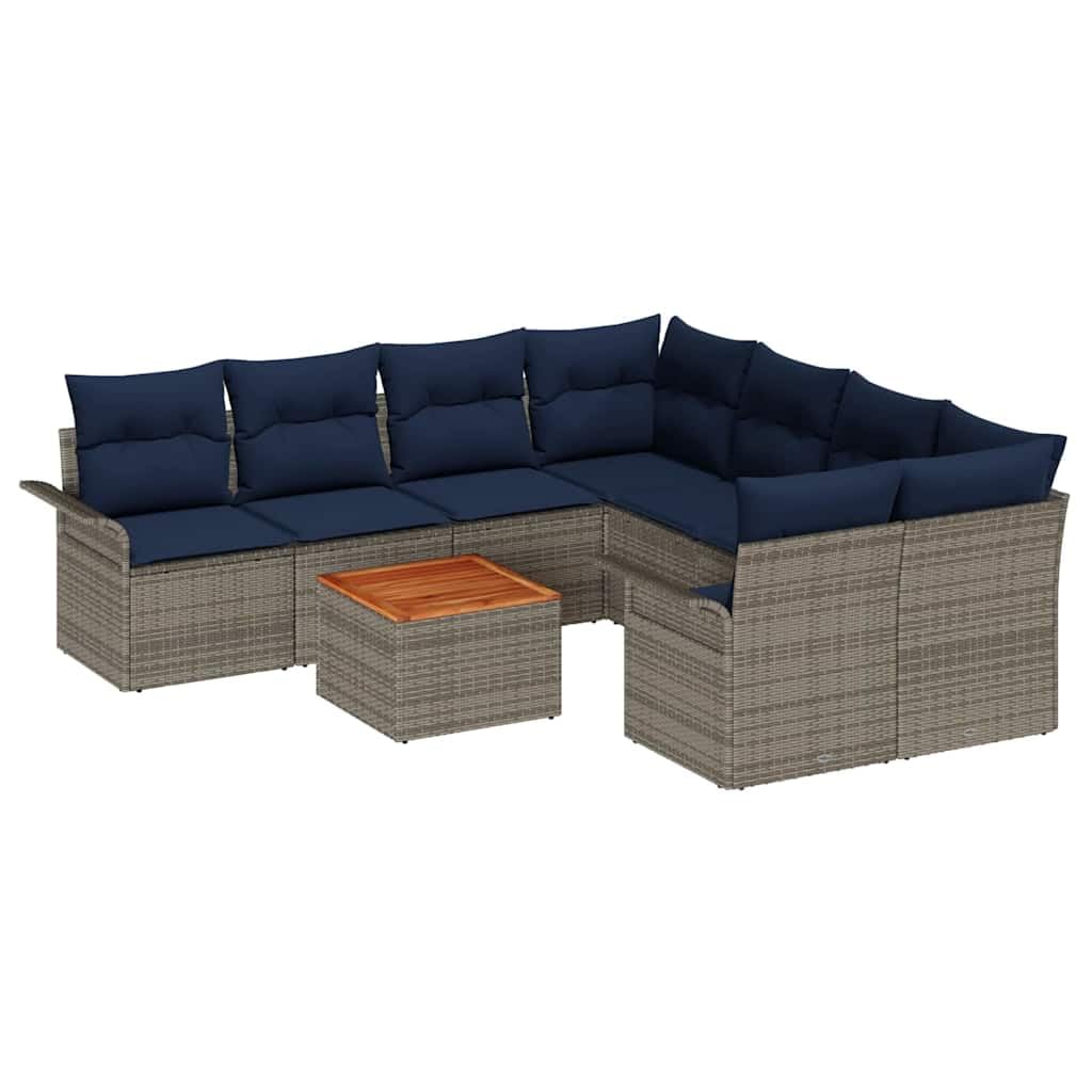 Set Divano da Giardino 9 Pezzi Modulare Polyrattan Grigio Blu Navy con Cuscini Coperta Impermeabile Resistente UV per Terrazza Esterno Salotto