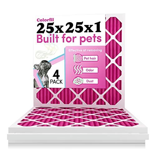 Image of 25x25x1 Air Filter by Colorfil | Color Changing Filters for Cat and Dog Odor | MERV 8 Furnace AC Filter for Pet Hair and Dust | 24.5 inchx24.5 inchx0.75 inch Exact Size | Pack of 4