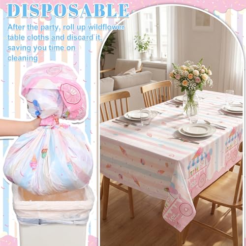 Image of NatNarr 3 Pack Ice Cream Tablecloths Party Decorations, 54 x 108 Inch Disposable Ice Cream Birthday Themed Table Cloth Waterproof Rectangle Party Table Cover for Kids Sweet One Birthday Baby Shower