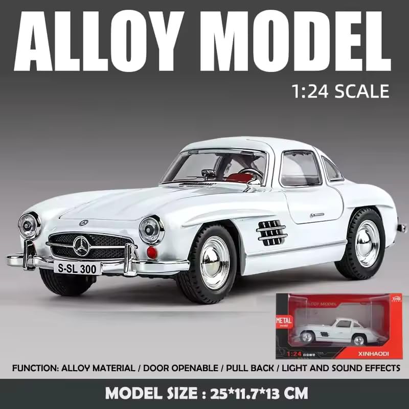 Image of Alokik Enterprise 1:24 Marcedes Benz Vintage 300SL Diecast Metal Pull Back Car with 6 Openable Doors with Sound and Light Toy Decoration car Best Gift Toys for Kids 【Silver /White 】