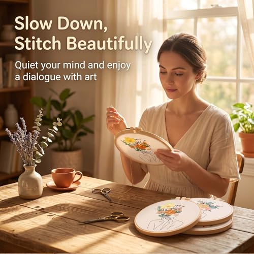 Image of Harimau Adult Beginner Embroidery Starter Kit, Complete Set with 4 Patterns, 2 Hoops, Needles, Scissors, Instruction Guide & Stitching Video Tutorials
