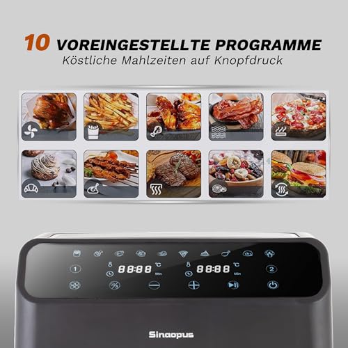 Sinaopus heißluftfritteuse XXL Airfryer 9L Air fryer mit Digitalem LED-Touchscreen heissluftfriteuse 2000 Watt 10 Programmen Einstellbare Temperaturregelung Sichtbares Sichtfenster – Bild 3