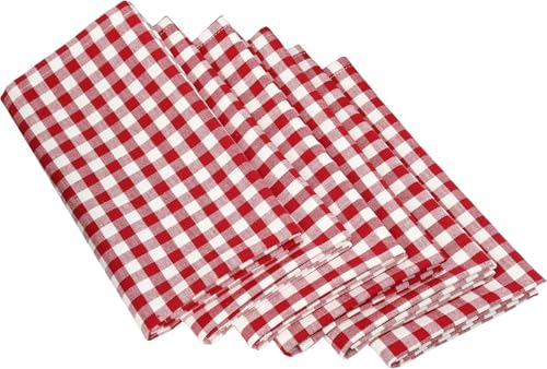 Image of Set of 4 Cotton Mercerised Dining Table Napkins,Red Check Colour, Heavy Weight,More Than 2 cm Mitered Hem,Washable at 40C (Red Check, 45 X 45 Cms)
